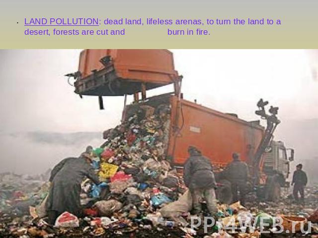 LAND POLLUTION: dead land, lifeless arenas, to turn the land to a desert, forests are cut and burn in fire.