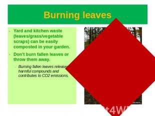 Burning leaves Yard and kitchen waste (leaves/grass/vegetable scraps) can be eas