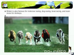 Britain is also famous for motorcar racing, dog-racing, boat-racing, and even ra