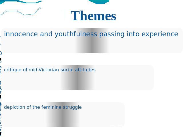 Themes innocence and youthfulness passing into experiencecritique of mid-Victorian social attitudesdepiction of the feminine struggle
