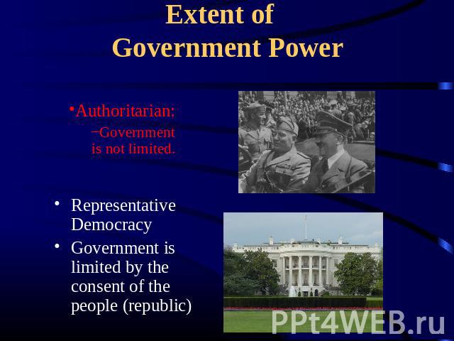 Extent of Government Power Authoritarian:Government is not limited. Representative DemocracyGovernment is limited by the consent of the people (republic)