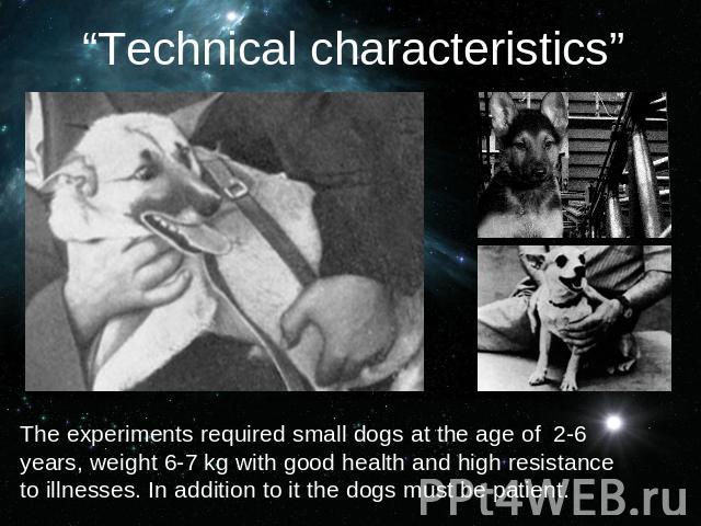 “Technical characteristics”The experiments required small dogs at the age of 2-6 years, weight 6-7 kg with good health and high resistance to illnesses. In addition to it the dogs must be patient.