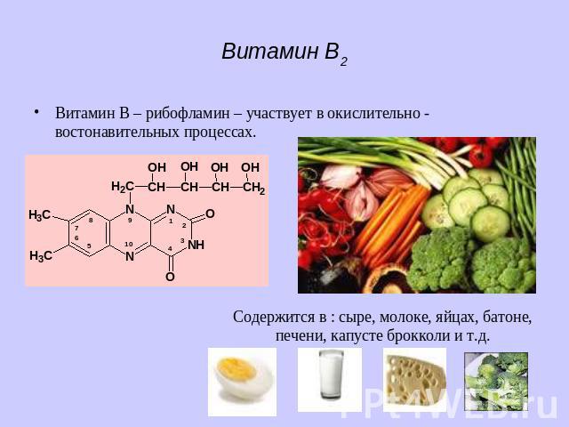 Витамин В2 Витамин В – рибофламин – участвует в окислительно - востонавительных процессах.