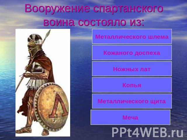 Вооружение спартанского воина состояло из: Металлического шлема Кожаного доспеха Ножных лат Копья Металлического щита Меча