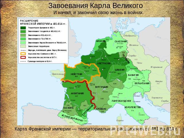 Завоевания Карла Великого И начал, и закончил свою жизнь в войнах. Карта Франкской империи — территориальные расширения от 481 до 814 г