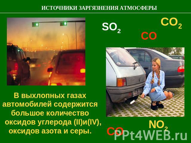 ИСТОЧНИКИ ЗАРГЯЗНЕНИЯ АТМОСФЕРЫ В выхлопных газах автомобилей содержится большое количество оксидов углерода (II)и(IV), оксидов азота и серы. SO2 СО СО2 СО NО2