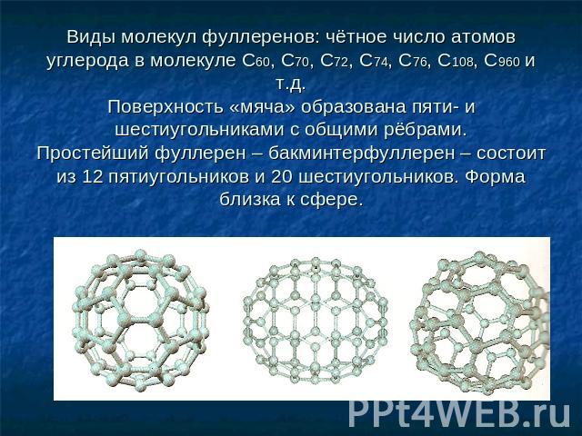 Виды молекул фуллеренов: чётное число атомов углерода в молекуле С60, С70, С72, С74, С76, С108, С960 и т.д.Поверхность «мяча» образована пяти- и шестиугольниками с общими рёбрами.Простейший фуллерен – бакминтерфуллерен – состоит из 12 пятиугольников…