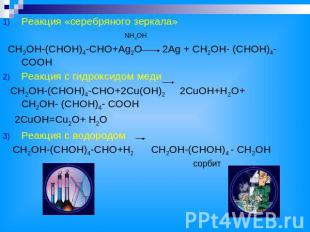 Реакция «серебряного зеркала» NH4OH CH2OH-(CHOH)4-CHO+Ag2O 2Ag + CH2OH- (CHOH)4-