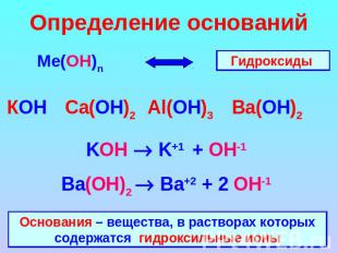 Определение оснований Ме(ОН)n Гидроксиды Основания – вещества, в растворах котор