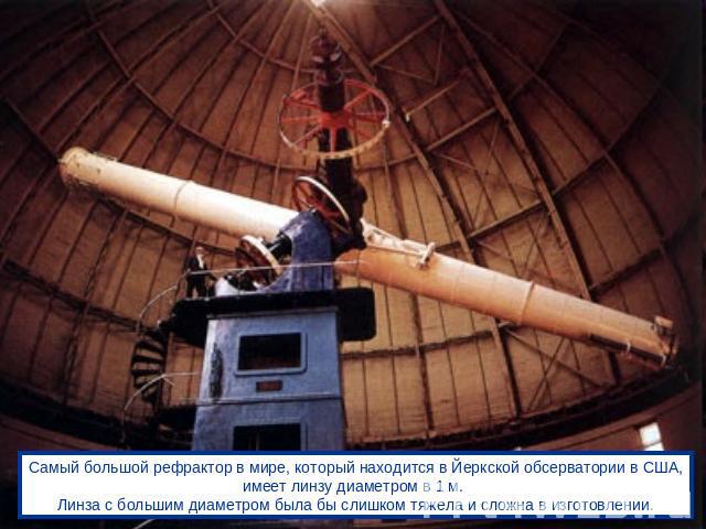 Самый большой рефрактор в мире, который находится в Йеркской обсерватории в США, имеет линзу диаметром в 1 м. Линза с большим диаметром была бы слишком тяжела и сложна в изготовлении.