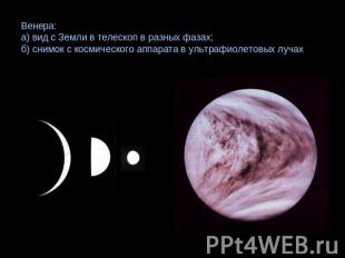 Венера: а) вид с Земли в телескоп в разных фазах;б) снимок с космического аппара