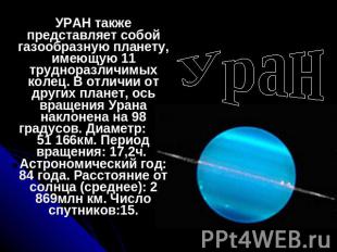 Уран УРАН также представляет собой газообразную планету, имеющую 11 трудноразлич