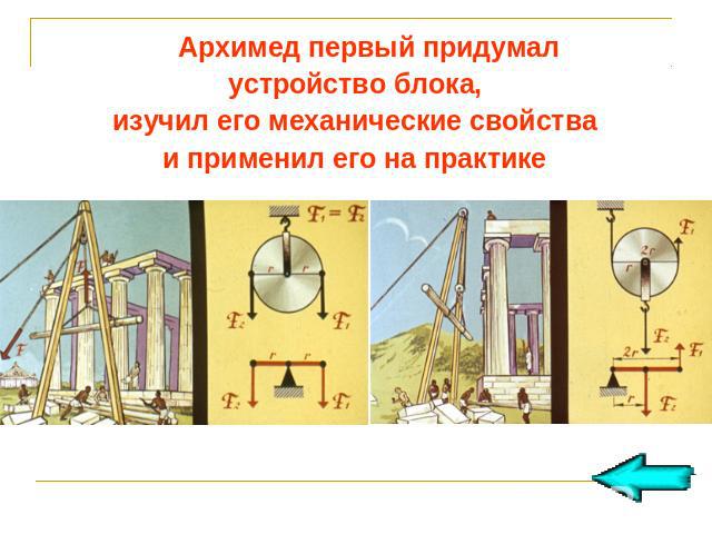 Архимед первый придумал устройство блока, изучил его механические свойства и применил его на практике
