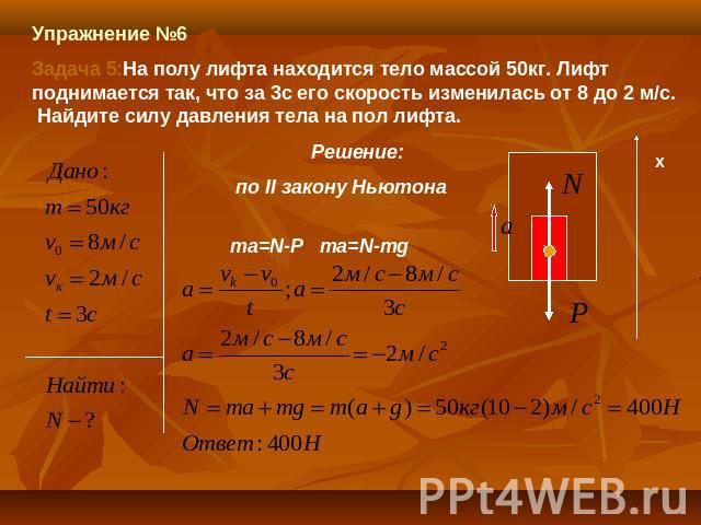 Упражнение №6 Задача 5:На полу лифта находится тело массой 50кг. Лифт поднимается так, что за 3с его скорость изменилась от 8 до 2 м/с. Найдите силу давления тела на пол лифта. Решение: по II закону Ньютона ma=N-P ma=N-mg
