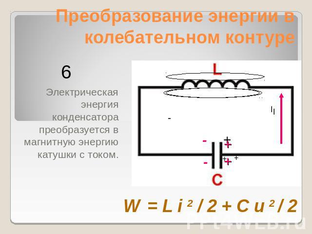 Преобразование энергии в колебательном контуре Электрическая энергия конденсатора преобразуется в магнитную энергию катушки с током. W = L i 2 / 2 + C u 2 / 2