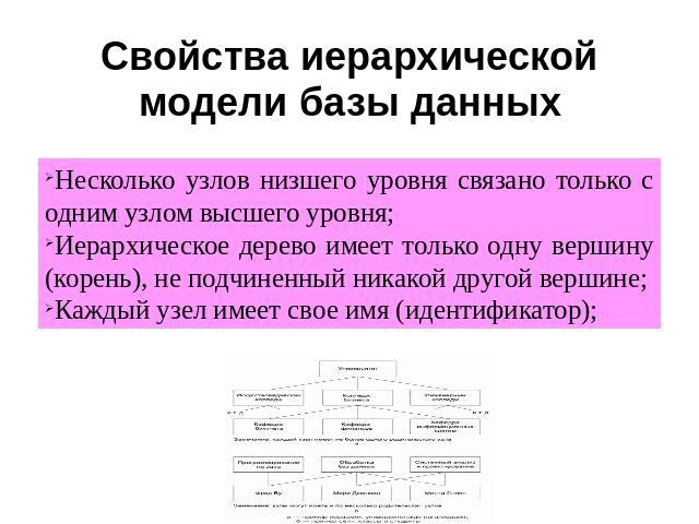Свойства иерархической модели базы данных Несколько узлов низшего уровня связано только с одним узлом высшего уровня; Иерархическое дерево имеет только одну вершину (корень), не подчиненный никакой другой вершине; Каждый узел имеет свое имя (идентиф…