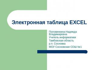 Электронная таблица EXCEL Половинкина Надежда Владимировна Учитель информатики Т