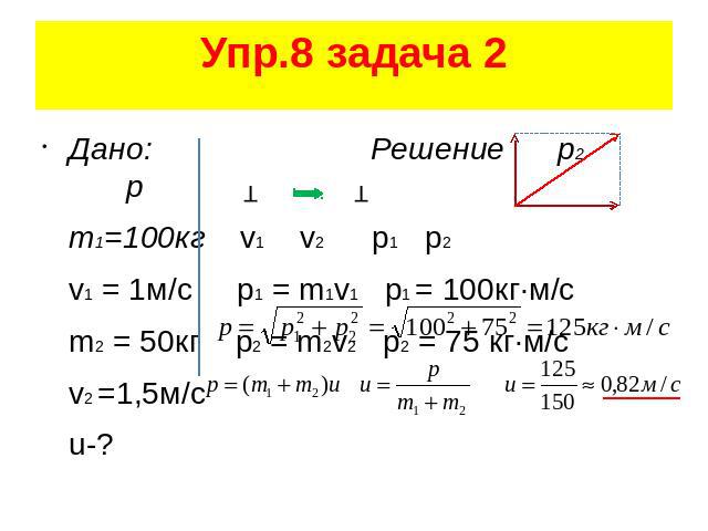 Упр.8 задача 2 Дано: Решение р2 р m1=100кг v1 v2 p1 p2 v1 = 1м/с р1 = m1v1 p1 = 100кг·м/с m2 = 50кг р2 = m2v2 p2 = 75 кг·м/с v2 =1,5м/с u-?