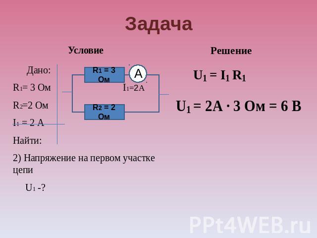 Задача Условие Дано: R1= 3 Ом I1=2А R2=2 Ом I1 = 2 А Найти: 2) Напряжение на первом участке цепи U1 -? Решение