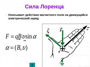 Сила Лоренца Описывает действие магнитного поля на движущийся электрический заря