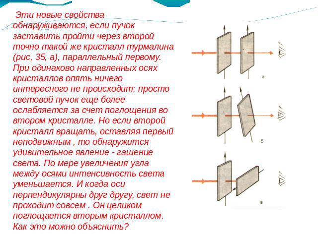 Эти новые свойства обнаруживаются, если пучок заставить пройти через второй точно такой же кристалл турмалина (рис, 35, а), параллельный первому. При одинаково направленных осях кристаллов опять ничего интересного не происходит: просто световой пучо…