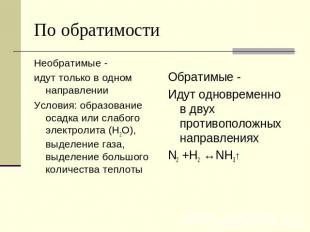 По обратимости Необратимые - идут только в одном направлении Условия: образовани