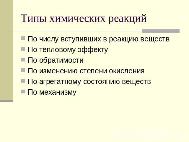 Типы химических реакций По числу вступивших в реакцию веществ По тепловому эффекту По обратимости По изменению степени окисления По агрегатному состоянию веществ По механизму