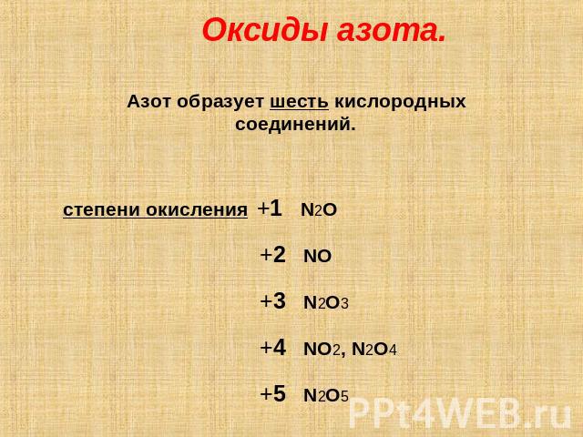 Оксиды азота. Азот образует шесть кислородных соединений. степени окисления +1 N2O +2 NO +3 N2O3 +4 NO2, N2O4 +5 N2O5