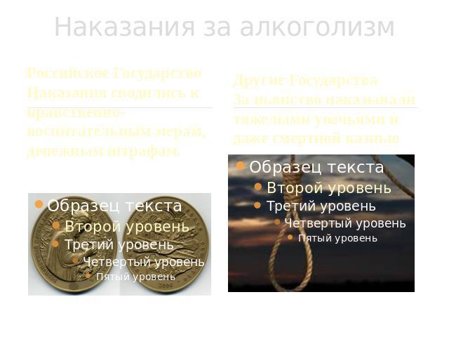 Наказания за алкоголизм Российское Государство Наказания сводились к нравственно-воспитательным мерам, денежным штрафам. Другие Государства За пьянство наказывали тяжелыми увечьями и даже смертной казнью