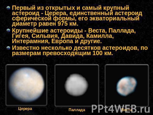 Первый из открытых и самый крупный астероид - Церера, единственный астероид сферической формы, его экваториальный диаметр равен 975 км. Крупнейшие астероиды - Веста, Паллада, Гигея, Сильвия, Давида, Камилла, Интерамния, Европа и другие. Известно нес…