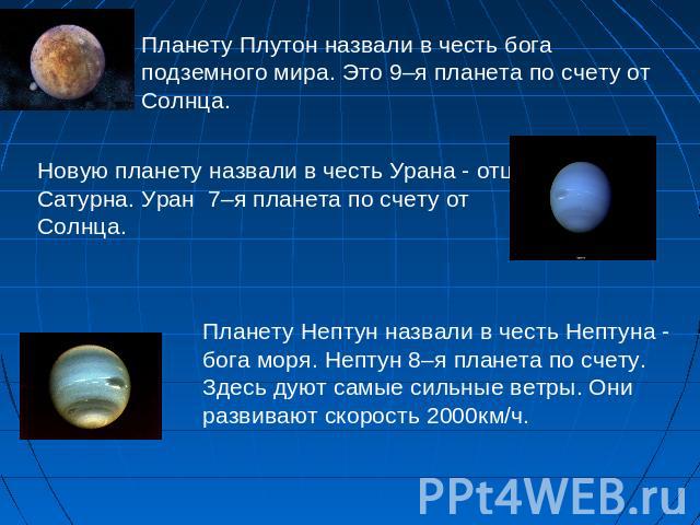 Планету Плутон назвали в честь бога подземного мира. Это 9–я планета по счету от Солнца. Новую планету назвали в честь Урана - отца Сатурна. Уран 7–я планета по счету от Солнца. Планету Нептун назвали в честь Нептуна - бога моря. Нептун 8–я планета …