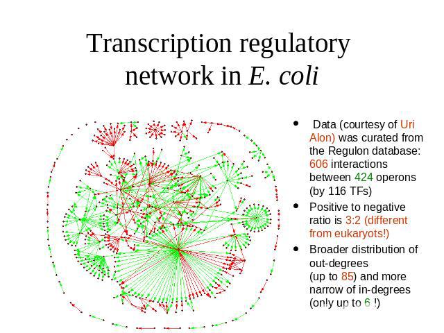 Transcription regulatory network in E. coli Data (courtesy of Uri Alon) was curated from the Regulon database: 606 interactions between 424 operons (by 116 TFs) Positive to negative ratio is 3:2 (different from eukaryots!) Broader distribution of ou…