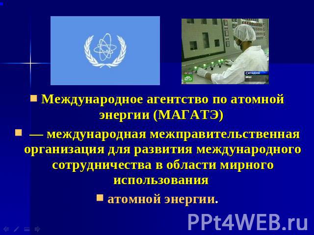 Международное агентство по атомной энергии (МАГАТЭ)  — международная межправительственная организация для развития международного сотрудничества в области мирного использования атомной энергии.