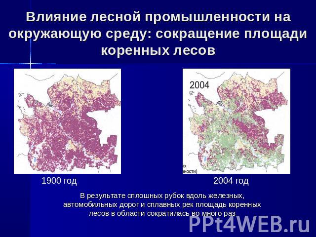 Влияние лесной промышленности на окружающую среду: сокращение площади коренных лесов В результате сплошных рубок вдоль железных, автомобильных дорог и сплавных рек площадь коренных лесов в области сократилась во много раз 1900 год 2004 год