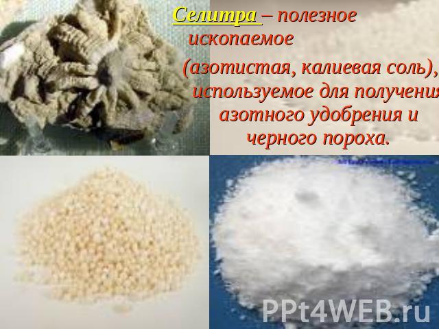 Селитра – полезное ископаемое (азотистая, калиевая соль), используемое для получения азотного удобрения и черного пороха.