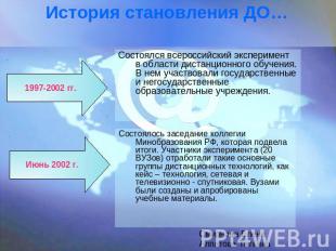 История становления ДО… 1997-2002 гг. Состоялся всероссийский эксперимент в обла