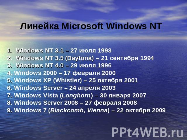 Линейка Microsoft Windows NT Windows NT 3.1 – 27 июля 1993 Windows NT 3.5 (Daytona) – 21 сентября 1994 Windows NT 4.0 – 29 июля 1996 4. Windows 2000 – 17 февраля 2000 5. Windows XP (Whistler) – 25 октября 2001 6. Windows Server – 24 апреля 2003 7. W…