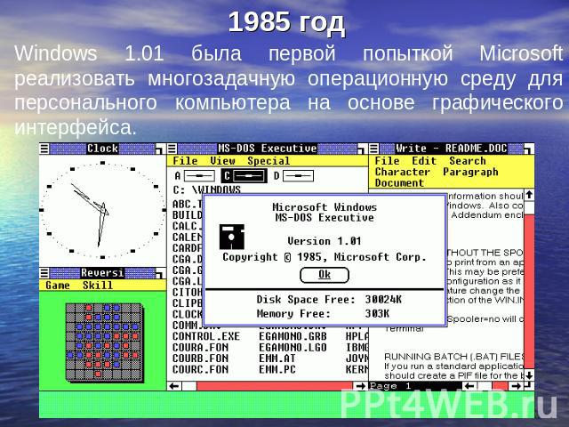 1985 год Windows 1.01 была первой попыткой Microsoft реализовать многозадачную операционную среду для персонального компьютера на основе графического интерфейса.