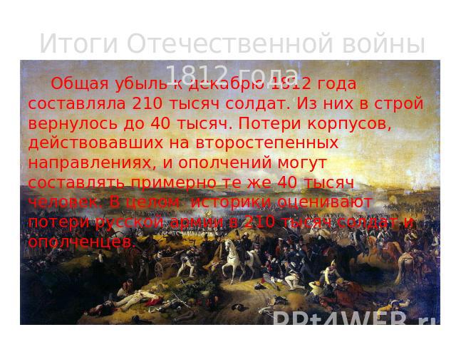 Итоги Отечественной войны 1812 года Общая убыль к декабрю 1812 года составляла 210 тысяч солдат. Из них в строй вернулось до 40 тысяч. Потери корпусов, действовавших на второстепенных направлениях, и ополчений могут составлять примерно те же 40 тыся…