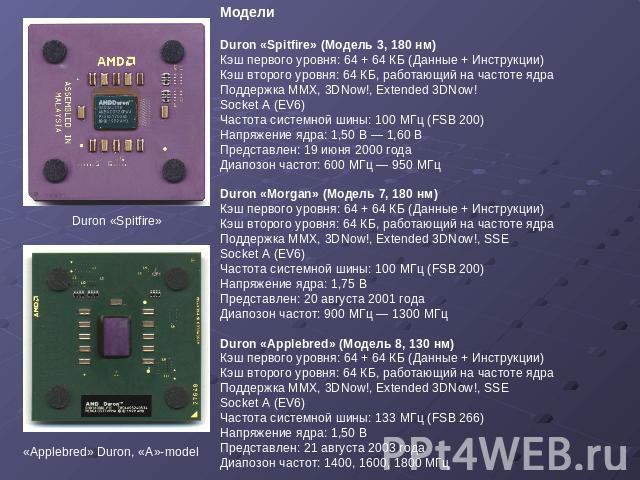 Модели Duron «Spitfire» (Модель 3, 180 нм) Кэш первого уровня: 64 + 64 КБ (Данные + Инструкции) Кэш второго уровня: 64 КБ, работающий на частоте ядра Поддержка MMX, 3DNow!, Extended 3DNow! Socket A (EV6) Частота системной шины: 100 МГц (FSB 200) Нап…