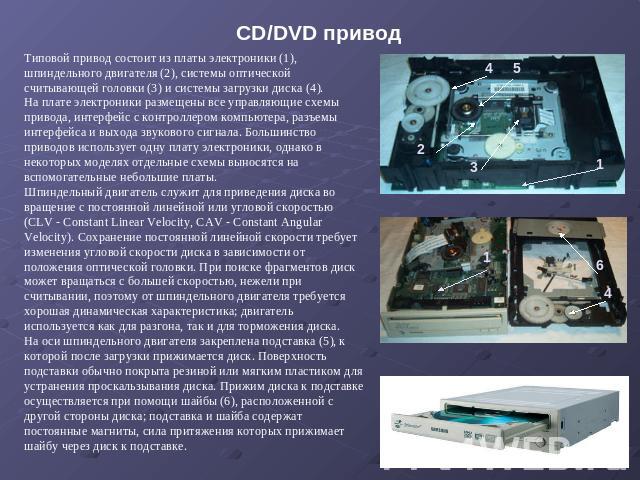 CD/DVD привод Типовой привод состоит из платы электроники (1), шпиндельного двигателя (2), системы оптической считывающей головки (3) и системы загрузки диска (4). На плате электроники размещены все управляющие схемы привода, интерфейс с контроллеро…