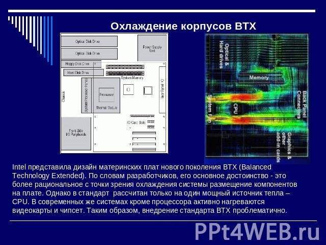 Охлаждение корпусов BTX Intel представила дизайн материнских плат нового поколения BTX (Balanced Technology Extended). По словам разработчиков, его основное достоинство - это более рациональное с точки зрения охлаждения системы размещение компоненто…