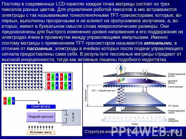 Поэтому в современных LCD-панелях каждая точка матрицы состоит из трех пикселов разных цветов. Для управления работой пикселов в них встраиваются электроды с так называемыми тонкопленочными TFT-транзисторами, которые, во-первых, выполнены прозрачным…