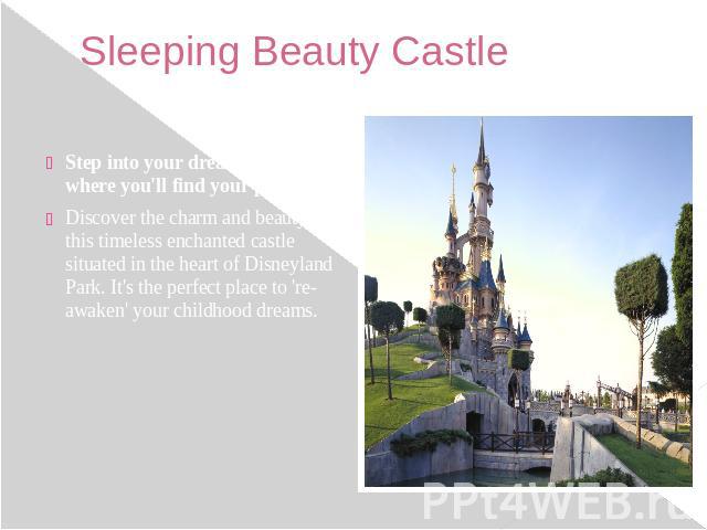 Sleeping Beauty Castle Step into your dream castle, where you'll find your prince! Discover the charm and beauty of this timeless enchanted castle situated in the heart of Disneyland Park. It's the perfect place to 're-awaken' your childhood dreams.