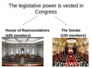 The legislative power is vested in Congress House of Representatives The Senate