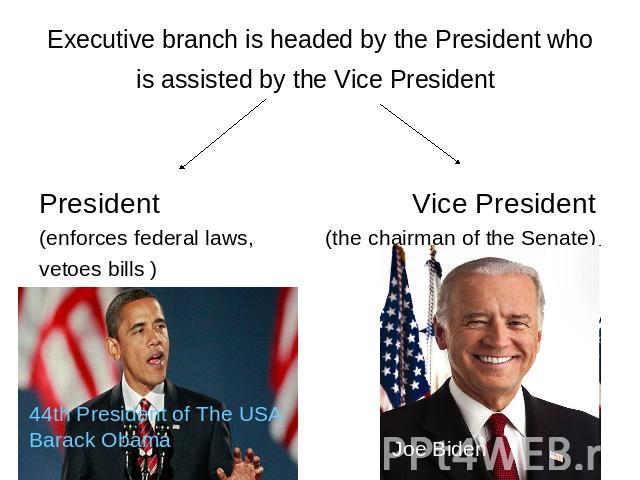 Executive branch is headed by the President who is assisted by the Vice President President Vice President (enforces federal laws, (the chairman of the Senate) vetoes bills ) 44th President of The USA Barack Obama Joe Biden