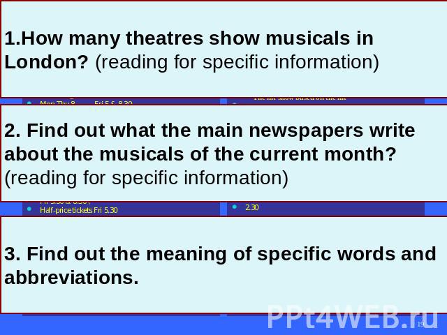 1. How many theatres show musicals in London? (reading for specific information) 2. Find out what the main newspapers write about the musicals of the current month? (reading for specific information) 3. Find out the meaning of specific words and abb…