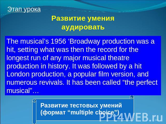 Развитие умения аудировать The musical’s 1956 ‘Broadway production was a hit, setting what was then the record for the longest run of any major musical theatre production in history. It was followed by a hit London production, a popular film version…