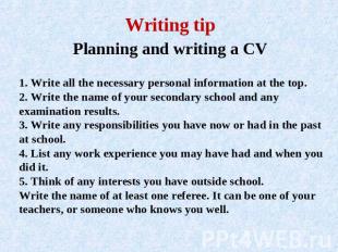 Writing tip Planning and writing a CV 1. Write all the necessary personal inform