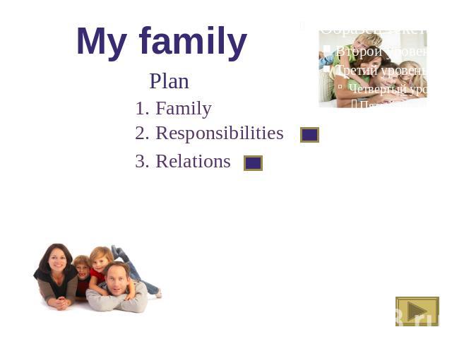 My family Plan 1. Family 2. Responsibilities 3. Relations